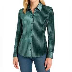 House of Harlow Striped Velvet Button Down Shirt